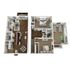 3D floor plan of a two-story apartment featuring three bedrooms, a modern kitchen, and a welcoming living area.