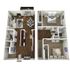 3D floor plan of a duplex featuring two bedrooms, a spacious living room, and an open kitchen area.