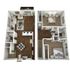 3D floor plan of a modern duplex with an open living area, two bedrooms, and stylish hardwood floors.