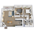 3D floor plan featuring two bedrooms, open living area, modern kitchen, and dual bathrooms.
