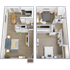 Elegant two-story floor plan showcasing an open living area, modern kitchen, and two bedrooms with ensuite baths.
