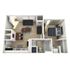 Modern 3D apartment layout showcasing 1 bedroom, cozy living area, stylish kitchen, and well-appointed bathroom.