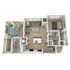 Modern 3D floor plan showcasing two spacious bedrooms, cozy living room, open kitchen with island, and two bathrooms.