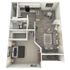 Sophisticated 3D floor plan showcasing a modern one-bedroom apartment with open-concept living and dining space, elegant kitchen, and cozy living area.