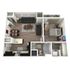 Modern apartment floor plan featuring a spacious living area, cozy bedroom, open-concept kitchen, and elegant bathroom with high-end finishes.