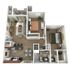 Modern 3D floor plan showcasing 2 spacious bedrooms, cozy living room, elegant kitchen with dining area, and a well-designed bathroom.
