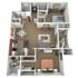 Charming 3D floor plan with 2 bedrooms, open living-dining area, modern kitchen, and private balcony access.
