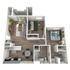 Modern 3D floor plan featuring 2 bedrooms, open living area with TV setup, stylish kitchen with dining space, and two bathrooms.