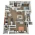 Modern 3D floor plan showcasing a spacious 2-bedroom apartment with an open-concept living area, stylish kitchen, cozy dining space, and private balcony.