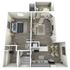 Modern 3D floor plan showcasing a cozy one-bedroom apartment with a spacious living area, contemporary kitchen, dining space, and a private balcony.