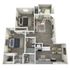 Modern 3D floor plan featuring two spacious bedrooms, open living and dining area, sleek kitchen, and cozy balcony.