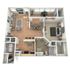 Contemporary 3D floor plan featuring a cozy living room with a fireplace, a stylish dining area, modern kitchen, spacious bedroom, and a well-appointed bathroom.