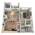 Modern 3D floor plan showcasing 1 bedroom, open-concept living and dining area, stylish kitchen, and a cozy balcony view.