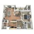 Modern 3D floor plan showcasing a spacious one-bedroom apartment with an open-concept living room, stylish kitchen, cozy dining area, and private balcony.