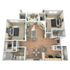 Modern 3D floor plan showcasing two bedrooms, spacious living room, open kitchen with dining area, and two bathrooms, featuring hardwood floors and a cozy balcony.