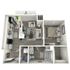 Modern 3D floor plan showcasing a sleek 1-bedroom apartment with a stylish living area, contemporary kitchen, and a cozy balcony. Ideal for urban living.