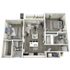 Modern 3D floor plan showcasing 2 spacious bedrooms, elegant living area, contemporary kitchen with island, and 2 chic bathrooms, complete with a cozy balcony.