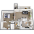 Modern 3D floor plan showcasing a cozy one-bedroom apartment with a spacious living area, stylish open kitchen with breakfast bar, and a sleek bathroom.