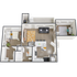 Contemporary 3D floor plan showcasing a cozy 1-bedroom apartment with a modern living room, sleek kitchen, home office, and elegant bathroom.