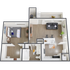 Modern 1-bedroom apartment floor plan with spacious open-concept living area, stylish kitchen with breakfast bar, and elegant bathroom. Ideal for comfortable urban living.