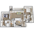 Modern 3D floor plan showcasing two bedrooms, a cozy living room, and a stylish open kitchen, perfect for comfortable living.