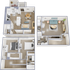 Charming 3D floor plan of a two-level apartment featuring 2 bedrooms, a sleek kitchen with dining area, cozy living room, and modern bathrooms.