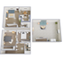 Contemporary 3D floor plan showcasing a two-level apartment with 2 bedrooms, a spacious living area, and a modern kitchen and dining space.