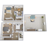Modern two-story floor plan featuring two bedrooms, cozy living room, and an elegant open kitchen with dining area, offering a blend of comfort and style.