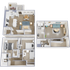 Modern 3D floor plan showcasing a spacious two-story layout with 3 bedrooms, open-concept living and dining area, sleek kitchen, and cozy upstairs lounge.