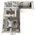 Modern 3D floor plan showcasing a spacious one-bedroom apartment with open-concept living area and stylish kitchen.