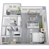 Modern 1-bedroom apartment floor plan with sleek living room, cozy bedroom, stylish kitchen, and two bathrooms. Bright and open layout with elegant furniture.