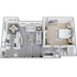 Contemporary floor plan featuring a spacious open-concept living and dining area, a modern kitchen, and a cozy bedroom with ensuite bathroom.