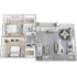 Modern 3D floor plan showcasing 2 cozy bedrooms, a spacious living area, elegant kitchen, dining space, and stylish bathroom.