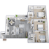 Modern 3-bedroom apartment floor plan with open-concept living and dining area, sleek kitchen, two bathrooms, and a balcony.