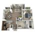 Modern 3D floor plan showcasing a spacious open-concept living area, stylish kitchen, cozy bedroom, and elegant bathroom.