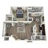 Contemporary 3D floor plan featuring a spacious bedroom, modern kitchen, and cozy living room with hardwood floors.