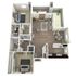 Modern 3D floor plan showcasing a chic open-concept living area, elegant kitchen, two cozy bedrooms, and inviting patio space.