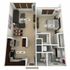 Chic 3D floor plan showcasing a modern apartment with a spacious bedroom, stylish open-plan living and dining area, and a well-equipped kitchen. Includes contemporary design elements and two bathrooms.