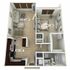 Modern 2D floor plan showcasing a spacious one-bedroom with an open living and dining area, stylish kitchen, and a well-appointed bathroom.
