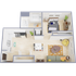 Bright and modern 3D floor plan showcasing a cozy 1-bedroom apartment with open-concept living and dining area, stylish kitchen, and spacious bathroom.