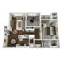 Chic 3D floor plan showcasing a modern one-bedroom apartment with a sleek kitchen, spacious living area, stylish office nook, and cozy balcony.