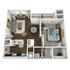 Chic 3D floor plan featuring an inviting open-concept living area, modern kitchen, spacious bedroom, and private balcony.