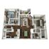 Modern 3D floor plan showcasing 2 spacious bedrooms, an elegant open-concept living area, and a stylish kitchen with bar seating.