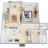 Charming 3D floor plan showcasing a one-bedroom apartment with an inviting living area, cozy bedroom, and modern kitchen. Brightly decorated with contemporary furniture, perfect for stylish city living.