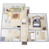 Charming 2D floor plan of a cozy apartment featuring a spacious living room, modern kitchen, comfortable bedroom, and a sleek bathroom.