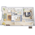 Modern 3D floor plan featuring a cozy bedroom, stylish living area, compact kitchen, and a functional bathroom, perfect for comfortable living.