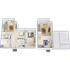 Charming 3D floor plan showcasing two stories with cozy living room, modern kitchen, two bedrooms, and inviting study area.