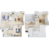 Bright and modern 3D floor plan showcasing a stylish two-story apartment with spacious living room, 2 cozy bedrooms, and an inviting kitchen area. Perfect blend of comfort and elegance.
