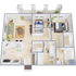 Modern 3D floor plan showcasing a cozy two-bedroom apartment with an open-concept living room, sleek kitchen with island seating, and two elegant bathrooms.