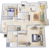 Bright and airy 3D floor plan showcasing two cozy bedrooms, a stylish open living-dining area, modern kitchen, and welcoming bathrooms. Perfect for comfortable urban living.